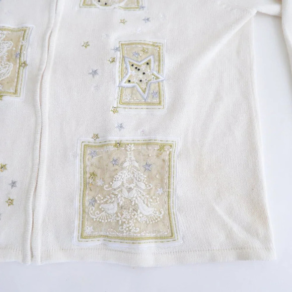Vintage  Tiara Cream Ugly Christmas Beaded Reindeer Zip Up Cardigan Sweater XL - Picture 7 of 16